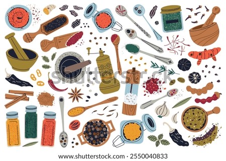 Vector illustration set of spices, herbs, and seasonings for cooking. Turmeric, chili, saffron, mortar and grinder, jars with various spice, spoons, and more. Flat cartoon doodle, culinary ingredients