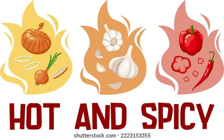 Ilustración vectorial de un conjunto de verduras picantes sobre un fondo de llamas y el texto "caliente y espinoso". Juegos de ajo, cebolla y pimienta sobre un fondo blanco de estilo plano.