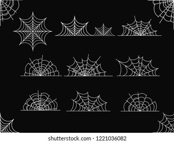 Vector illustration set of spider web of different shapes on black background.