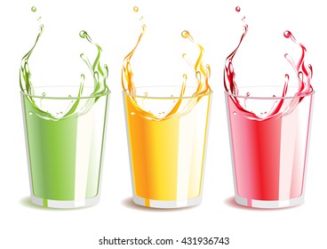 Vector illustration of a set of the splashing fresh colorful juices on white.  Orange juice, kiwi juice, cherry juice.
