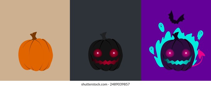 Vector illustration set of a spooky transformation from pumpkin to jack o lantern with flying bat and ghosts in mysterious fire. Scary halloween concept. Dark violett jack o lantern with devils tail.