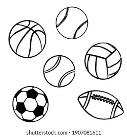 Vector illustration set of sport balls doodles on a white background. Simple flat style.