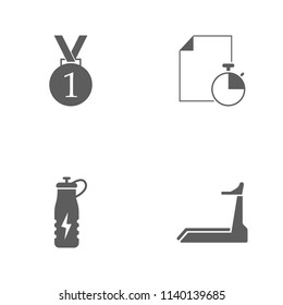 Vector illustration set sport icons. Elements Treadmill, energy drink, sheet and stopwatch and first place medal icon on white background