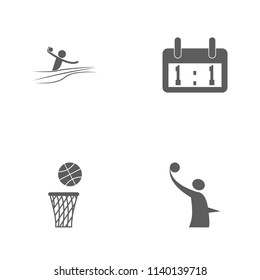 Vector illustration set sport icons. Elements volleyball logo, basketball basket and ball, scoreboard scoreboard and water polo icon on white background