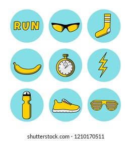 Vector illustration set of sport icons: sunglasses, socks, banana, stopwatch, water bottle, sneakers, lightning