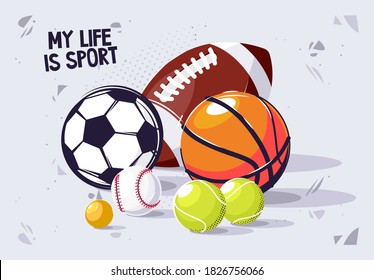 Vector Illustration Set Of Sports Balls, Tennis, Soccer, Basketball, American Football Ball, Ping Pong Ball