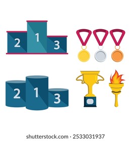 Vector illustration of a set of sports elements for competitions - a torch, a cup, medals, pedestals.