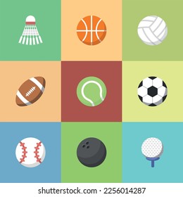 Vector illustration of set of sports icons, sports equipment, sports balls, basketball, american football, football, baseball, badminton, tennis, bowling, golf, volleyball.