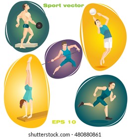 Vector illustration set of sports. The image on the theme of the Olympic Games and sports competitions. The illustration shows such sports running, weightlifting, jumping, throwing a spear, volleyball