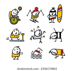 Vector illustration set of  sporty people. Doodle collection of winter and summer kinds of sport and cartoon stickman. Funny people playing games outdoor and in gym.