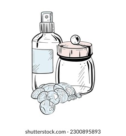 Ilustración vectorial del conjunto de dispensador de pulverización, recipiente de vidrio con tapa cerrada y espuma sobre fondo blanco. Borde negro de contenedores y burbujas de jabón, dibujo gráfico. Para imprimir, pegatinas, logotipo