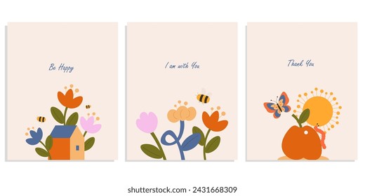 Ilustración vectorial. Conjunto de tarjetas de primavera, flores de primavera, verano, colección de carteles. Diseño moderno.