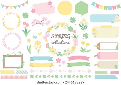 Conjunto de Ilustración vectorial de decoraciones de flores de primavera y marcos como flores de cerezo y trébol.