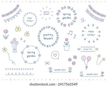 Vector illustration set of spring hand drawn ornament illustrations. Frame, tulips, balloons, butterflies, garland