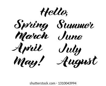 Vector illustration. Set of Spring, Sammer, March, April, May, June, July, August lettering.