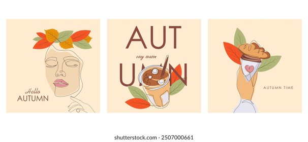 Vector illustration. Set of square banners Cozy autumn, autumn background, covers, brochures. Modern design.