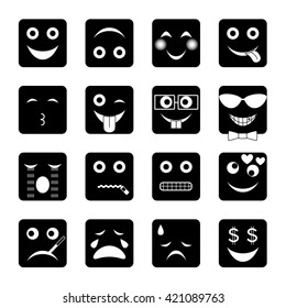 vector illustration set of square black emoticons 