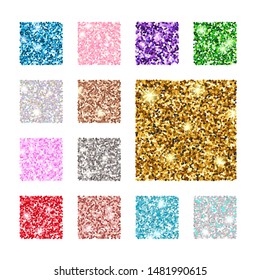 Vector illustration. Set square color glitter texture pattern. Gold, silver, red, pink, blue, green, purple.