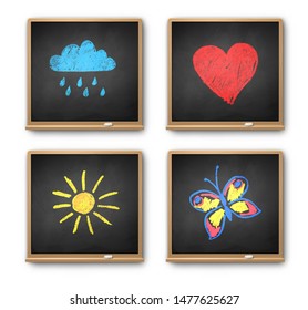 Vector illustration set of square vintage chalkboards with kids drawing isolated on white background. 