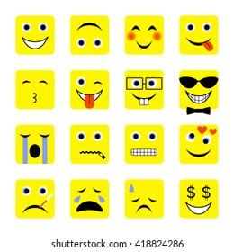 vector illustration set of square yellow emoticons