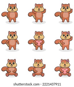 Vector illustration set of Squirrel cartoon. Bundle of cute Squirrel set. Set of animals. Cartoon and vector isolated characters. A collection of animals in the children's style.