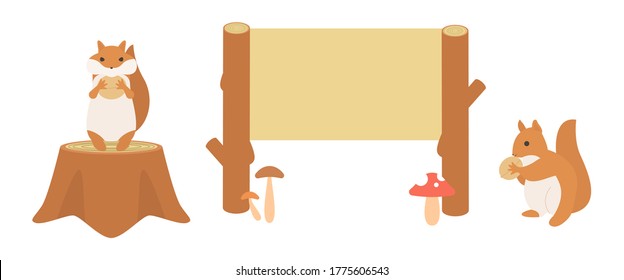 Vector illustration set of squirrel and wooden signboard. Autumn image