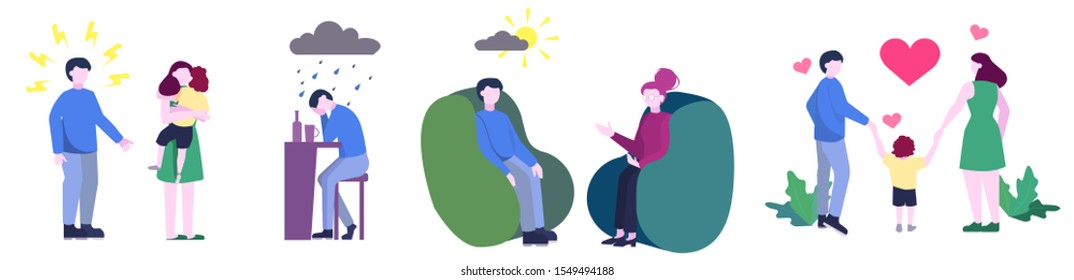 Vector illustration set of stages of family quarrel. Stressed and upset man need a therapy to have healthy relations in the family. Getting a professional psychological treatment
