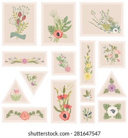 Vector illustration of a set of stamps with bouquet flowers on stamps for decorations and design 