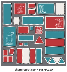 Vector illustration of a set of stamps, in bright colors with hand drawn mushrooms