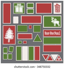 Vector illustration of a set of stamps, with Christmas and New Year festive colors and related objects