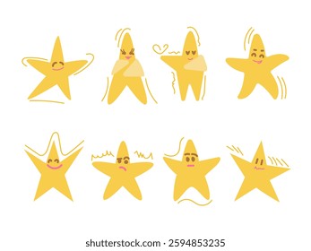 Vector illustration. Set of star shapes with faces, smiles, emotions. Fun, cute star icons in cartoon style on a white background