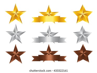 Vector illustration; Set of Stars. Gold Star, Silver Star and copper Star isolated on white Background.