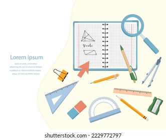 Vector illustration Set of stationery items for school. Goods for training. Back to school. Notebook Pen Pencil Compass Magnifier Ruler Protractor Eraser Paper clip Education background Chancellery
