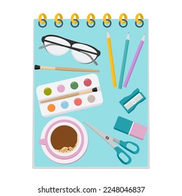 Vector illustration Set of stationery items for school. Goods for training. Back to school. Sketchbook Paints Pencil Glasses Sharpener Eraser Scissors Cup of coffee Education background Chancellery