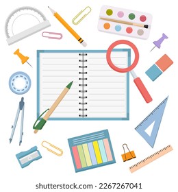 Vector illustration Set of stationery items for school. Goods for training. Back to school. Paints Notepad Pencil Sharpener Compass Ruler Paper clip Education background Chancellery