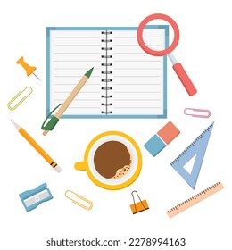 Vector illustration Set of stationery items for school. Goods for training. Back to school. Notepad Pen Pencil Sharpener Ruler Paper clip Cup of coffee Education background Chancellery