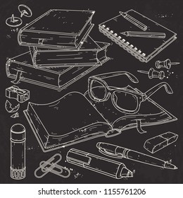 Vector illustration, set stationery for school and student, a stack of books, an open book with glasses.