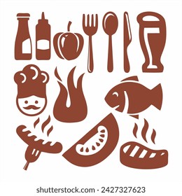 vector illustration set of steak and meat elements and equipment