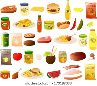 Vector illustration of a set of stereotypical BBQ food items.