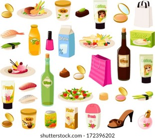 Vector illustration set of a stereotypical rich woman's items.
