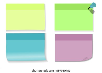 Vector illustration, set sticker of color papers with different color pushpins, isolated on white.