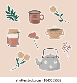 Vector illustration set of sticker icons. Cute doodle tea and coffee cups, teapot and glass jar, twigs with leaves and flowers. Background decoration in warm cozy colors.