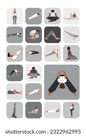 Vector illustration set for sticker pack with yoga poses. Flat monochrome collection on vertical A4 poster with asian, african and caucasian women making sport exercises like asanas, stretchening