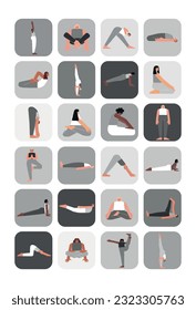 Vector illustration set for sticker pack with yoga poses. Flat monochrome collection on vertical A4 poster with asian, african and caucasian women making sport exercises like asanas, stretchening