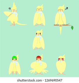 Vector Illustration set of Sticker yellow bird with emoji expressions cockatiel