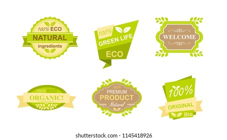 Vector illustration set of stickers and badges for natural organic food, farm fresh products, vegan restaurant, food store, healthy products promotion. Natural products badges concept in flat style.