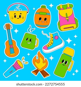 Vector illustration, a set of stickers, in bright colors, modern retro style, 90s. Theme of travel, hiking, animated characters, sneakers, flask, thermos, guitar, bonfire, brazier, cauldron, EPS 10.