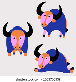 
vector illustration of a set of stickers of a bull in different poses. Multicolored symbol of 2021 chine new year. Christmas holidaycards with buffalo. Animal collection in cute funny flat style.