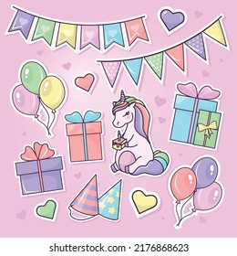 Vector illustration: set of stickers with dreaming unicorn and decorations for birthday party