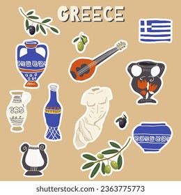 Ilustración vectorial, conjunto de pegatinas, símbolos dibujados a mano de Grecia al estilo doodle. Turismo, viajes.